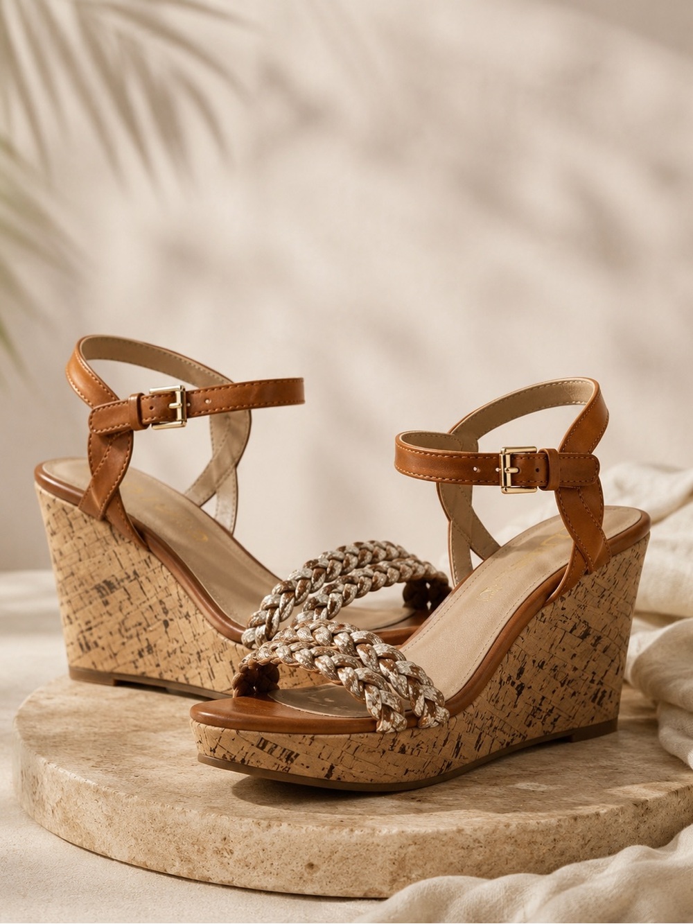 Unisa Cork Wedge Sandals Size 9 Brown Metallic Braided Platform Shoes